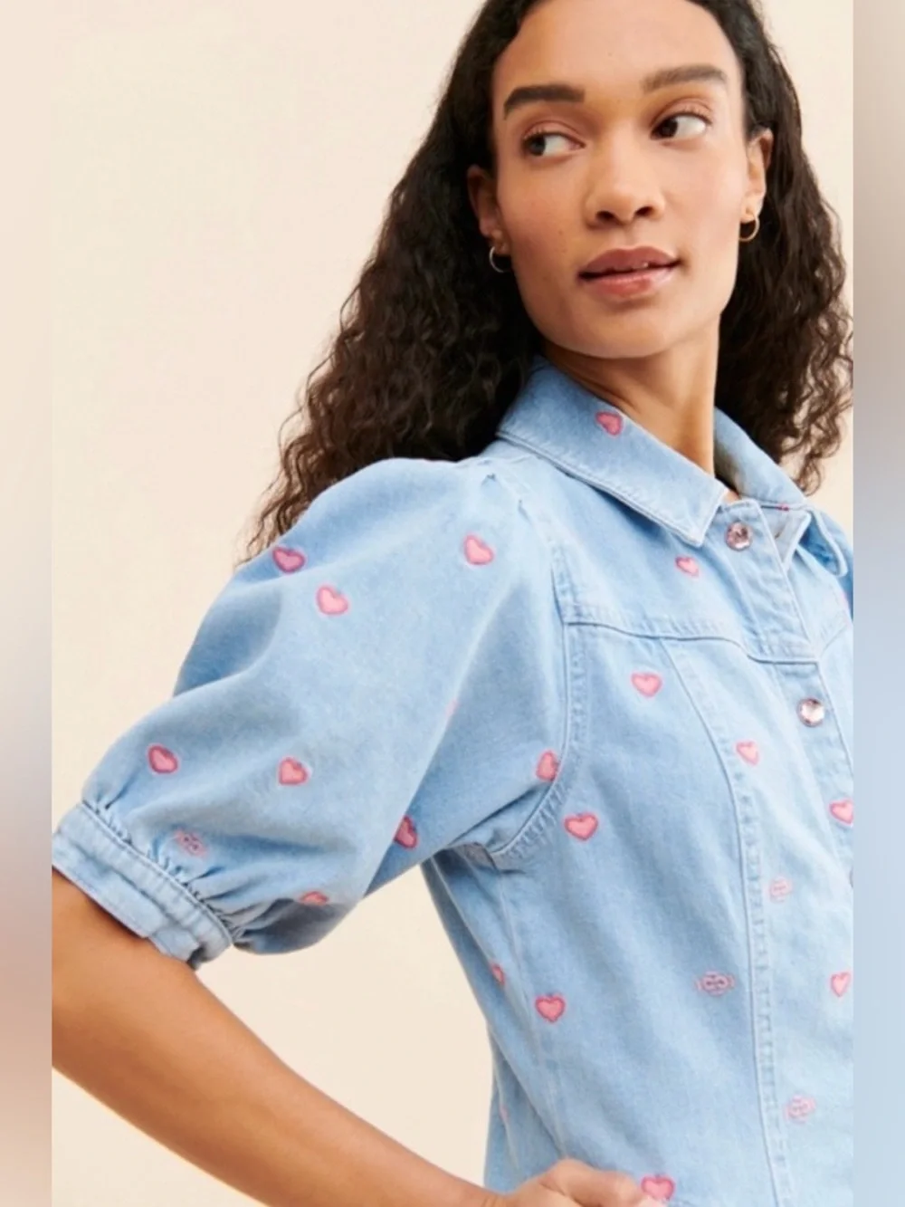 Crās Patti Denim Mini Dress Light Blue Pink Hearts  size XL 🩷 - Picture 2 of 15